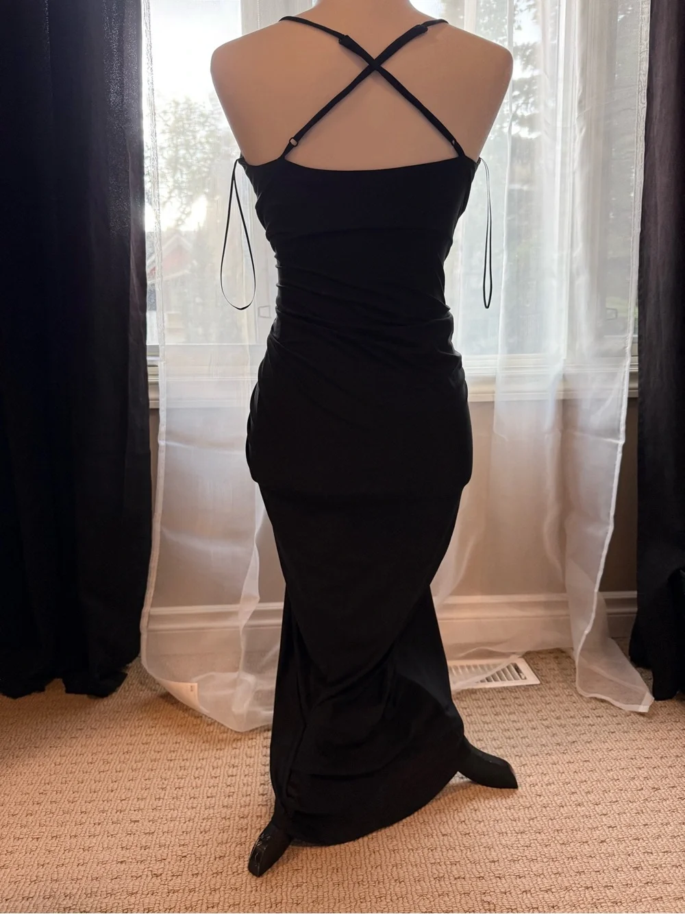 UK2LA Black Ruched Asymmetrical Maxi Dress Open Cross Back Size S - Picture 2 of 2